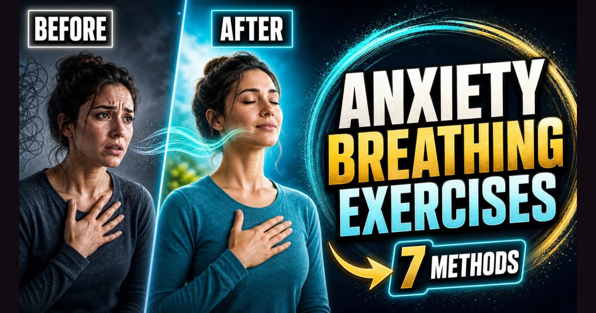 Before and after: an anxious woman with a hand on her chest settles with a breathing exercise