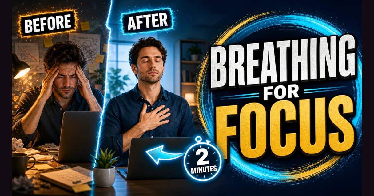 Before and after: a scattered, distracted person at a desk becomes calm and focused