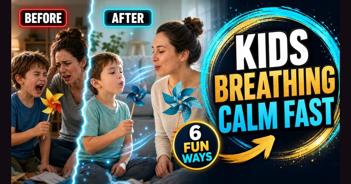 Before and after: an upset child settles into calm doing a breathing exercise with a parent