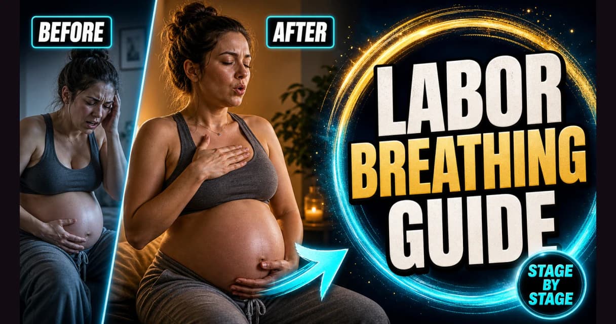 Before and after: a pregnant woman tense during a contraction then calm and breathing through it