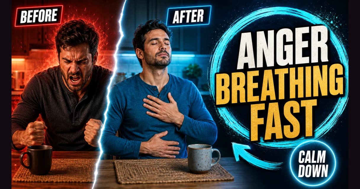 Before and after: a tense, angry man at his kitchen table calms down with deep breathing