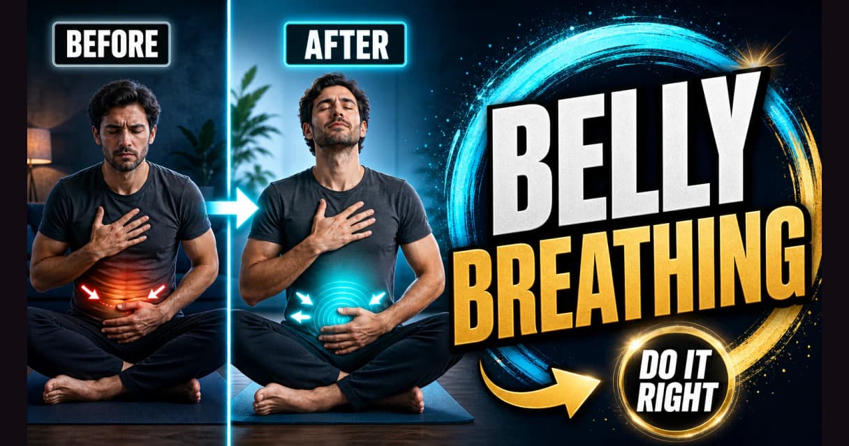 Before and after: tense shallow chest breathing becomes relaxed belly breathing