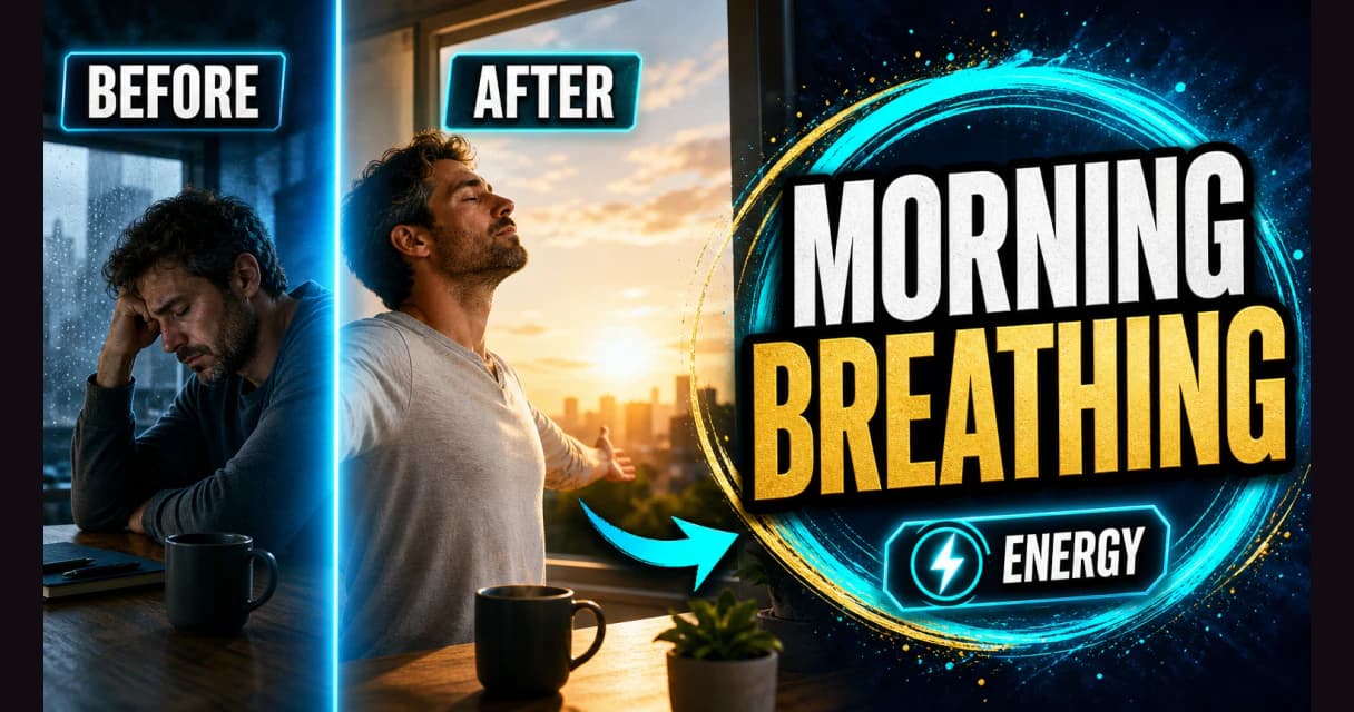 Before and after: a groggy person at the kitchen counter becomes refreshed and awake