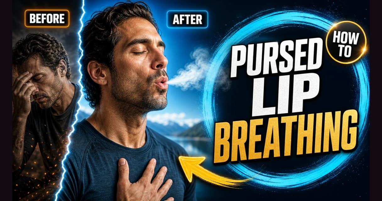 Before and after: a person catching their breath then breathing easily with pursed-lip breathing